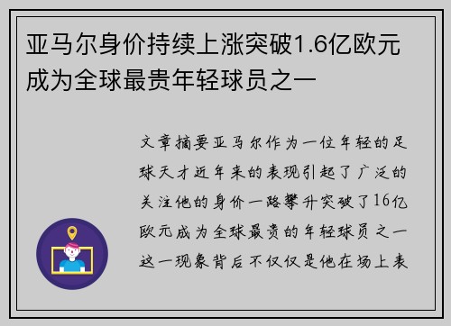 亚马尔身价持续上涨突破1.6亿欧元 成为全球最贵年轻球员之一 亚马尔身价持续上涨突破1.6亿欧元 成为全球最贵年轻球员之一